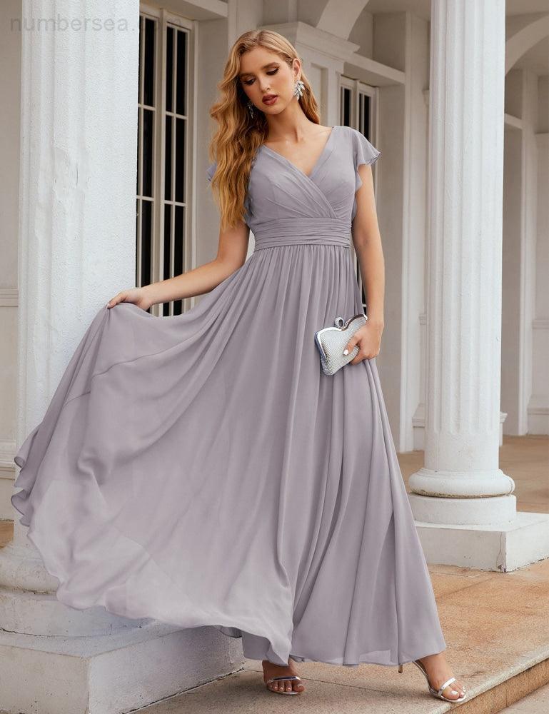 Numbersea V-Neck Bridesmaid Dress Floor Length Backless Formal Evening Dress 28024