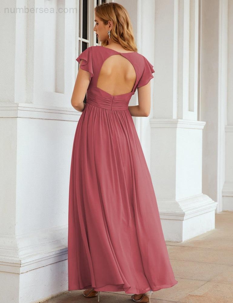 Numbersea V-Neck Bridesmaid Dress Floor Length Backless Formal Evening Dress 28024