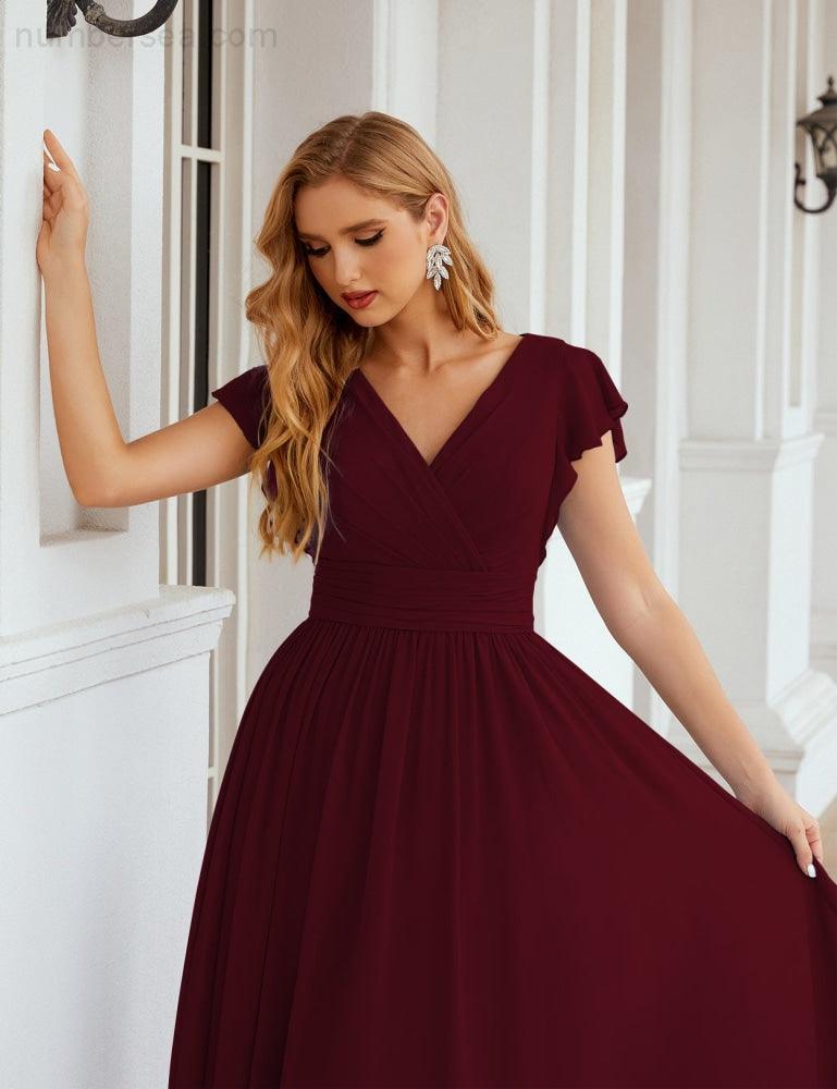 Numbersea V-Neck Bridesmaid Dress Floor Length Backless Formal Evening Dress 28024