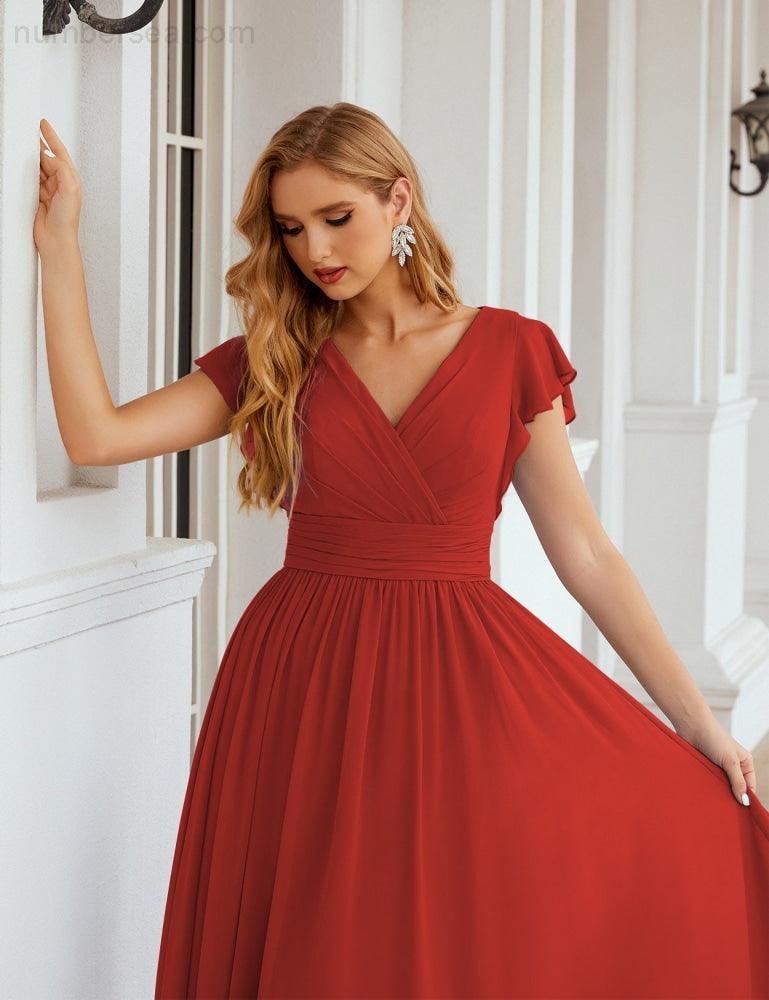 Numbersea V-Neck Bridesmaid Dress Floor Length Backless Formal Evening Dress 28024