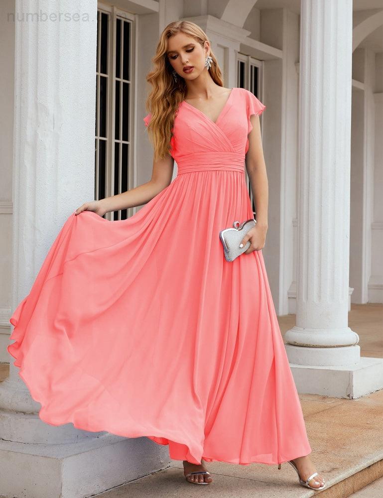 Numbersea V-Neck Bridesmaid Dress Floor Length Backless Formal Evening Dress 28024