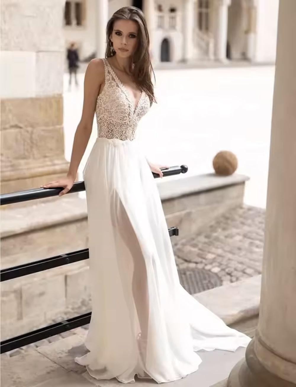 NumberSea Long Puff Sleeves Wedding Dress Lace And Chiffon A Line