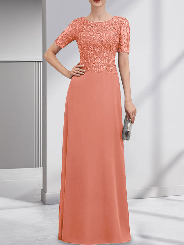 A-line Scoop Floor-Length Lace Chiffon Mother of the Bride Dress With Sequins