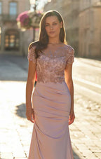 Crew Neck Short Lace Sleeve Floral Embellished Ruched Waist  Satin Mermaid Maxi Dress