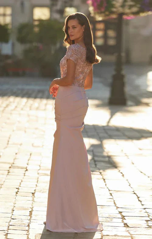 Crew Neck Short Lace Sleeve Floral Embellished Ruched Waist  Satin Mermaid Maxi Dress