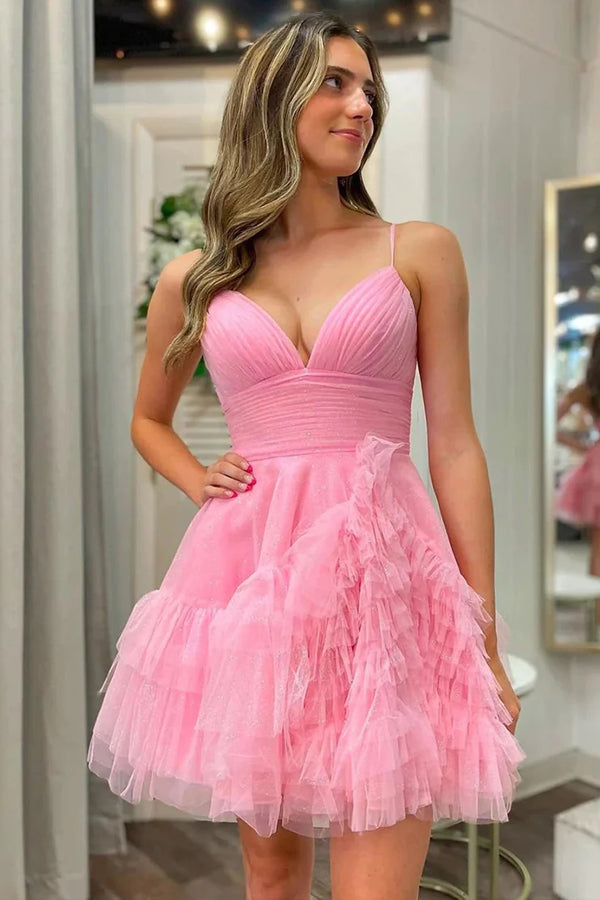 Cute A-Line Spaghetti Straps  Pink Tulle Homecoming Party Dress