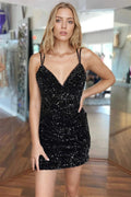 Cute Black V Neck Backless Sequins Tight Homecoming Dresses