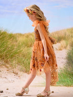 Burnt Orange Lace Tulle Embroidered Toddler Knee Length Flower Girl Dress