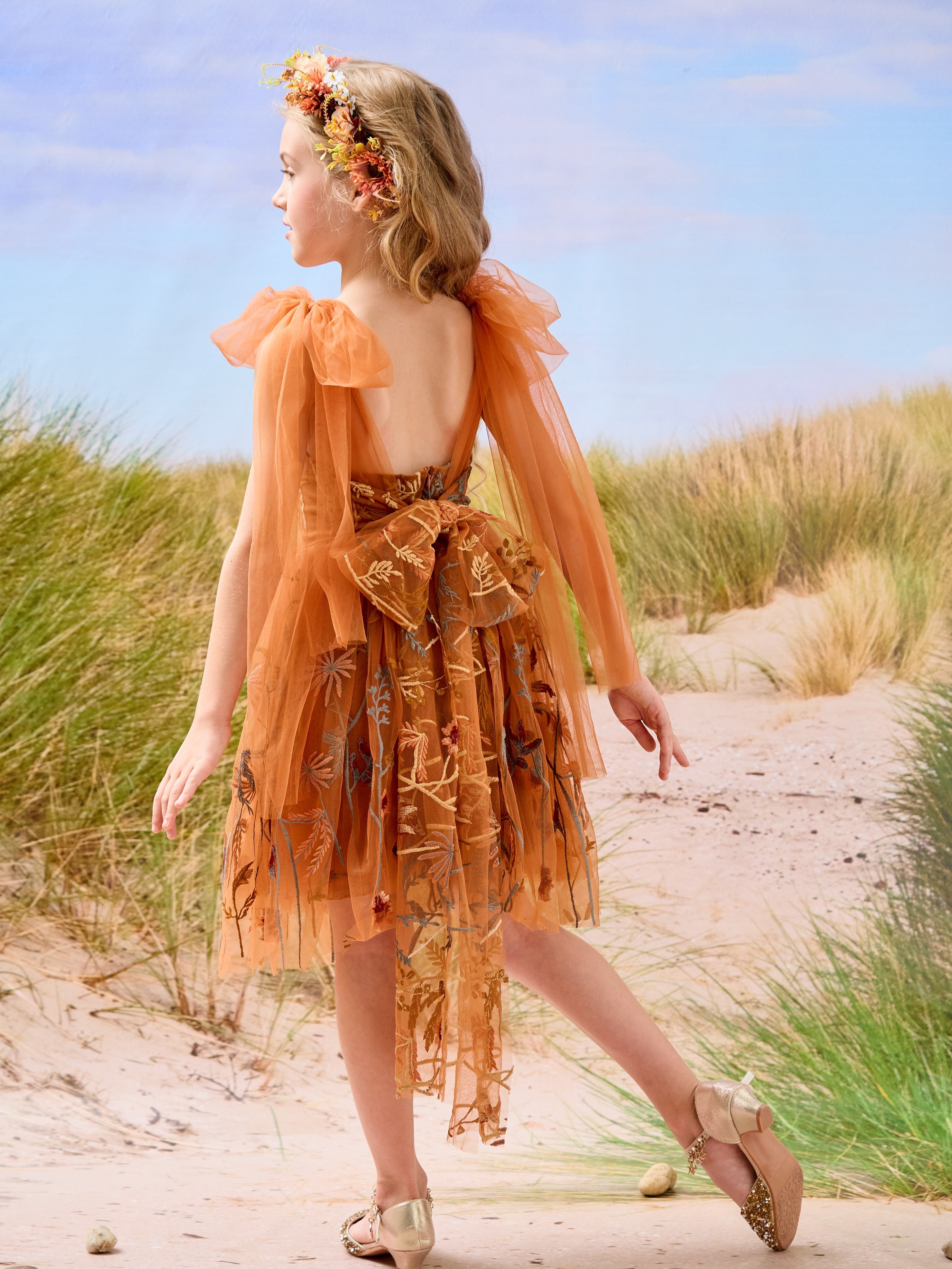 Burnt Orange Lace Tulle Embroidered Toddler Knee Length Flower Girl Dress