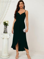 Spaghetti Chiffon V Neck Bridesmaid Dress Mid-Length Slit Formal Prom Dress Homecoming Dress 2803