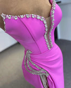Designer Column Strapless Sleeveless Rhinestone Tulle Satin Split Front Prom Dresses