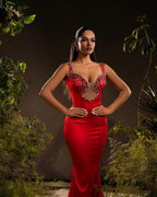 Designer Mermaid Satin Off-The-Shoulder Sleeveless Red Prom Dress With Rhinestone