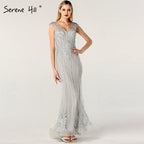 On Sale no return no refundSale Dubai Design Grey V-Neck Luxury Evening Dresses Beading Pearls Cap Sleeve Sexy Evening Gowns 2024 Serene Hill LA60821
