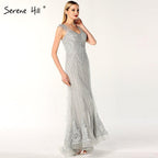 On Sale no return no refundSale Dubai Design Grey V-Neck Luxury Evening Dresses Beading Pearls Cap Sleeve Sexy Evening Gowns 2024 Serene Hill LA60821