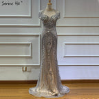 Dubai Grey Full Diamond Sexy Evening Dresses  Cap Sleeve Luxury Mermaid Formal Dress Serene Hill LA60934
