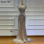 Dubai Grey Full Diamond Sexy Evening Dresses  Cap Sleeve Luxury Mermaid Formal Dress Serene Hill LA60934
