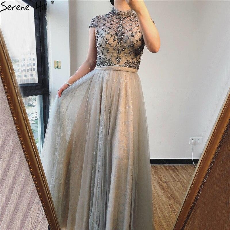 Dubai Grey High-end O-Neck Sexy Evening Dresses  Sleeveless A-Line Diamond Beading Formal Dress Real Photo LA70142