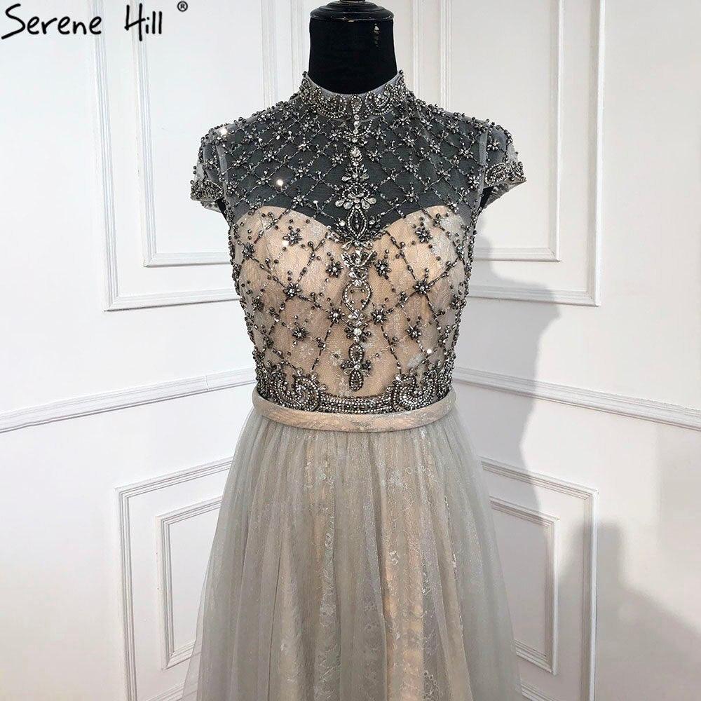 Dubai Grey High-end O-Neck Sexy Evening Dresses  Sleeveless A-Line Diamond Beading Formal Dress Real Photo LA70142