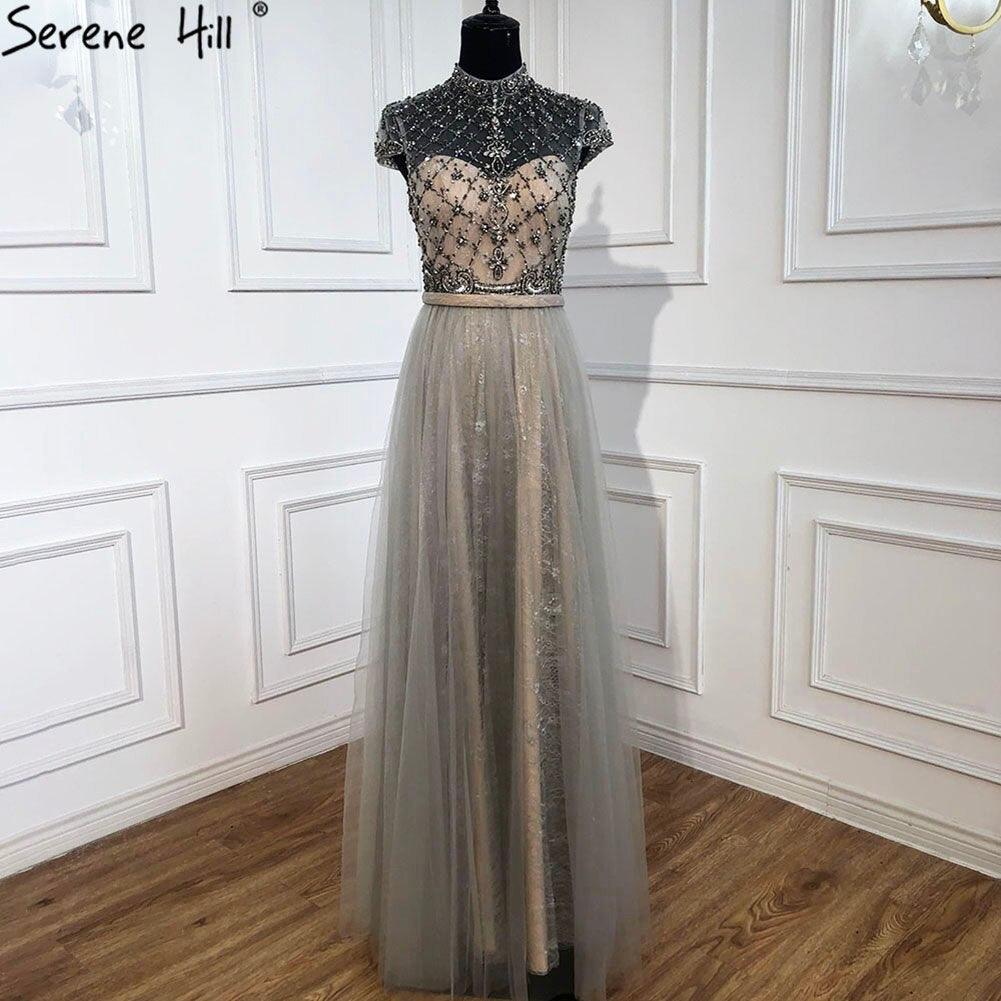 Dubai Grey High-end O-Neck Sexy Evening Dresses  Sleeveless A-Line Diamond Beading Formal Dress Real Photo LA70142