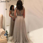 Dubai Grey High-end O-Neck Sexy Evening Dresses  Sleeveless A-Line Diamond Beading Formal Dress Real Photo LA70142