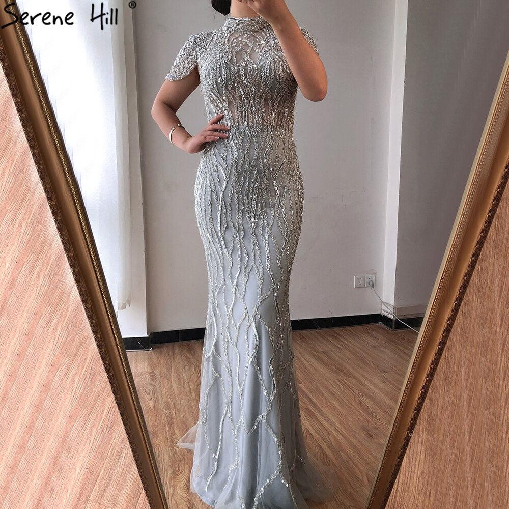 Dubai Grey Mermaid Short Sleeves Evening Dresses Luxury Beading Sparkle Formal Dress Serene Hill LA70649