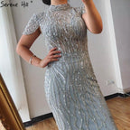 Dubai Grey Mermaid Short Sleeves Evening Dresses Luxury Beading Sparkle Formal Dress Serene Hill LA70649