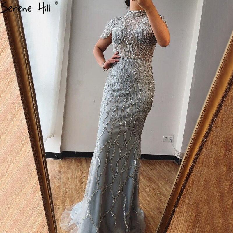 Dubai Grey Mermaid Short Sleeves Evening Dresses Luxury Beading Sparkle Formal Dress Serene Hill LA70649