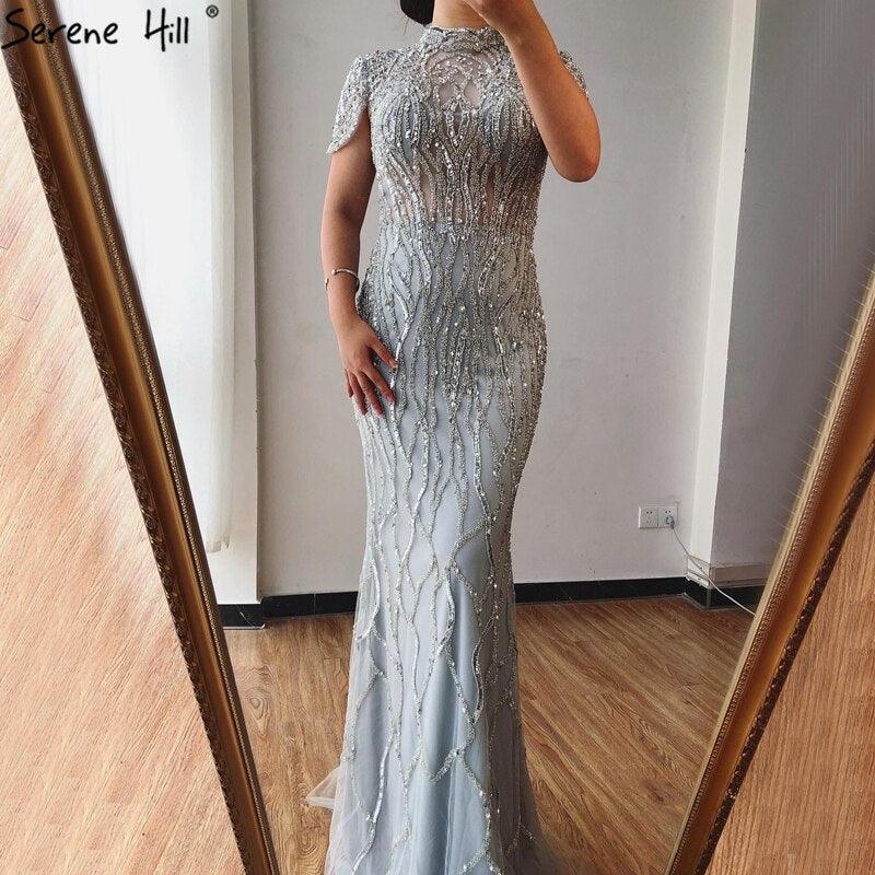 Dubai Grey Mermaid Short Sleeves Evening Dresses Luxury Beading Sparkle Formal Dress Serene Hill LA70649