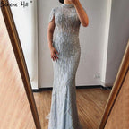 Dubai Grey Mermaid Short Sleeves Evening Dresses Luxury Beading Sparkle Formal Dress Serene Hill LA70649