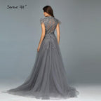Dubai Grey Sleeveless Tulle Evening Dresses Design 2024 Crystal Feathers Luxury Formal Dress Serene Hill LA70020