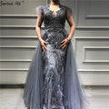Dubai Grey Sleeveless Tulle Evening Dresses Design 2024 Crystal Feathers Luxury Formal Dress Serene Hill LA70020