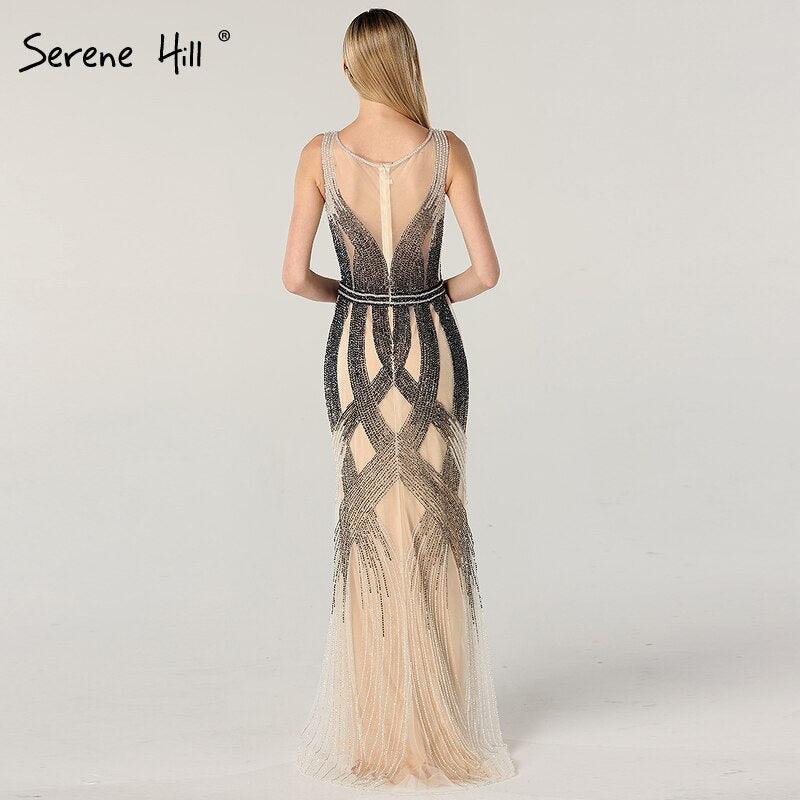 On Sale no return no refundSale Dubai Latest Design Blue Gold Sleeveless Evening Dresses 2024 Beading Sequined Luxury Evening Dress Long Real Photo LA60783