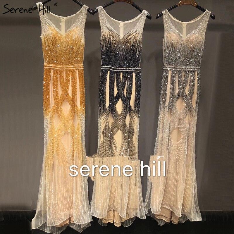 On Sale no return no refundSale Dubai Latest Design Blue Gold Sleeveless Evening Dresses 2024 Beading Sequined Luxury Evening Dress Long Real Photo LA60783
