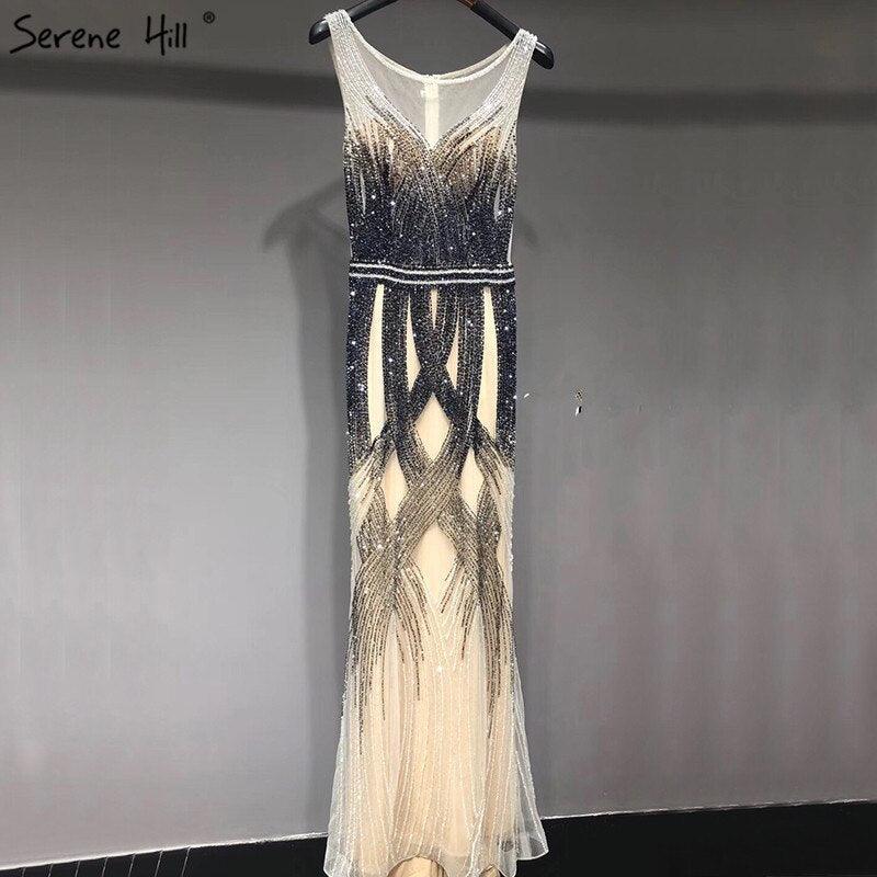 On Sale no return no refundSale Dubai Latest Design Blue Gold Sleeveless Evening Dresses 2024 Beading Sequined Luxury Evening Dress Long Real Photo LA60783