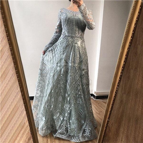 dubai Luxury Designer Navy Blue Lace Beaded  A line Muslim  Long Evening Dresses 2024 Formal Dress Serene Hill Plus Size LA60900