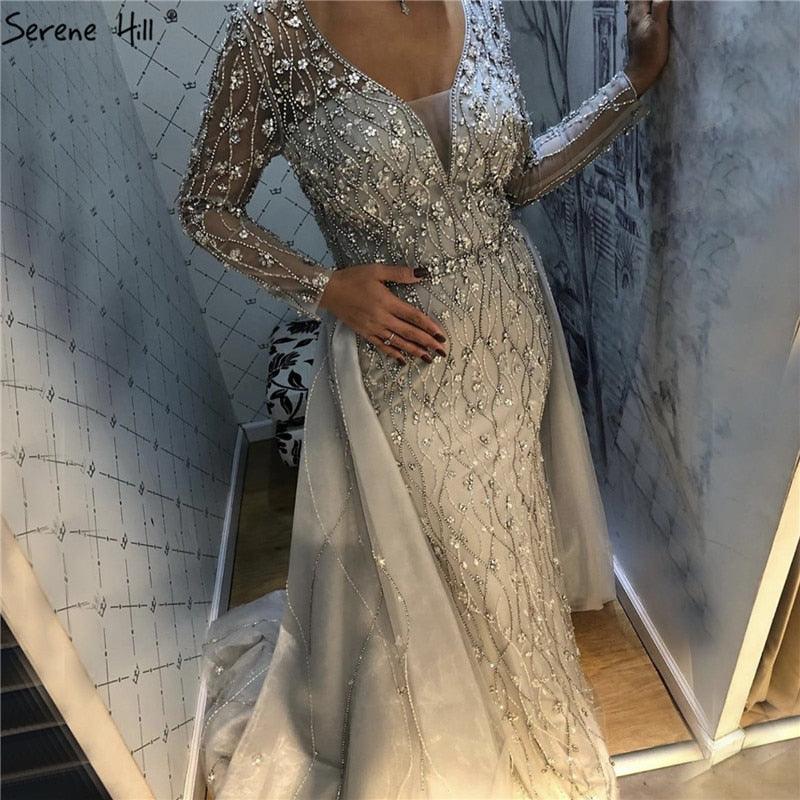Dubai Luxury Grey With DetachableTrain Evening Dresses  Long Diamond Mermaid Beading Formal Dress Serene Hill LA70341