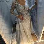 Dubai Luxury Grey With DetachableTrain Evening Dresses  Long Diamond Mermaid Beading Formal Dress Serene Hill LA70341