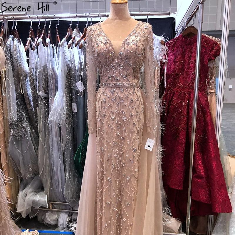 Dubai Luxury Grey With DetachableTrain Evening Dresses  Long Diamond Mermaid Beading Formal Dress Serene Hill LA70341