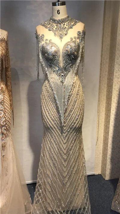 Dubai Luxury High-end  Evening Dresses Champagne Grey Beaded Tassel Formal Serene Hill LA60811