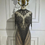 Dubai Luxury High-end  Evening Dresses Champagne Grey Beaded Tassel Formal Serene Hill LA60811