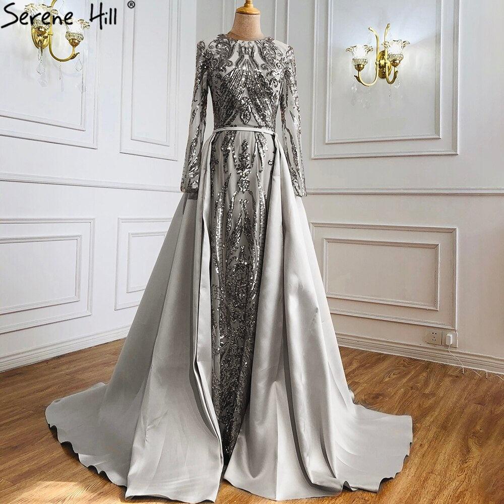 Dubai Peach Luxury Mermaid Vintage Evening Dress Sequined Long Sleeves With Train Evening Gowns 2024 Serene Hill LA6613