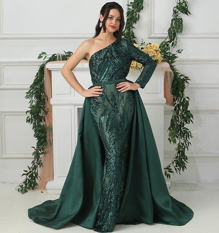 Dubai Peach Luxury Mermaid Vintage Evening Dress Sequined Long Sleeves With Train Evening Gowns 2024 Serene Hill LA6613