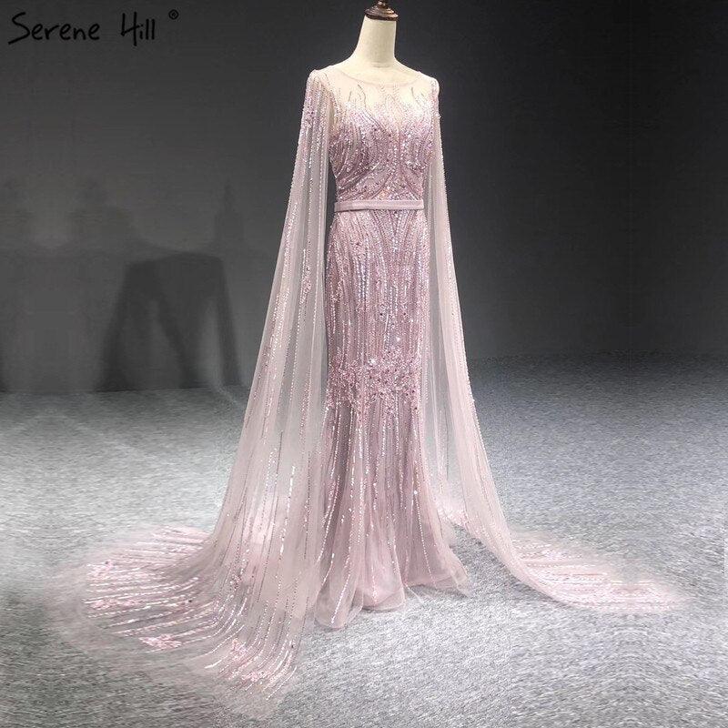 Dubai Pink Luxury Long Sleeves Evening Gowns 2024 Mermaid Sequins Beading Sexy Fromal Dresses Serene Hill LA70160