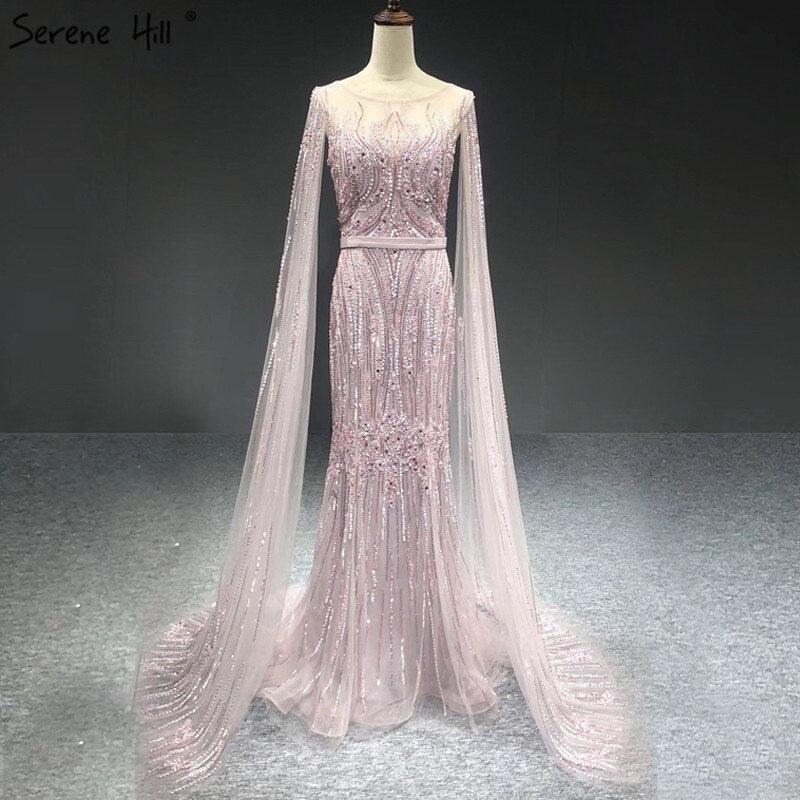 Dubai Pink Luxury Long Sleeves Evening Gowns 2024 Mermaid Sequins Beading Sexy Fromal Dresses Serene Hill LA70160