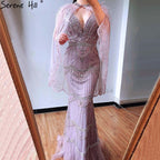 Dubai Purple V-Neck Mermaid Sexy Evening Dresses 2024 Sleeveless Shawl Yarn Feathers Formal Dress Serene Hill LA70171A