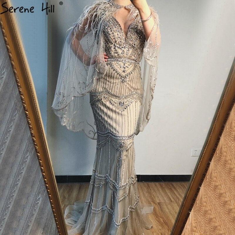 Dubai Purple V-Neck Mermaid Sexy Evening Dresses 2024 Sleeveless Shawl Yarn Feathers Formal Dress Serene Hill LA70171A