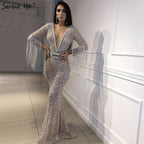 On Sale no return no refundSale Dubai Silver V-Neck Tassel Beading Mermaid Evening Dresses 2024 Long Sleeve  Luxury Sexy Evening Gowns Serene Hill LA60770