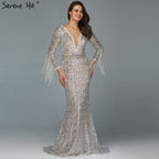 On Sale no return no refundSale Dubai Silver V-Neck Tassel Beading Mermaid Evening Dresses 2024 Long Sleeve  Luxury Sexy Evening Gowns Serene Hill LA60770