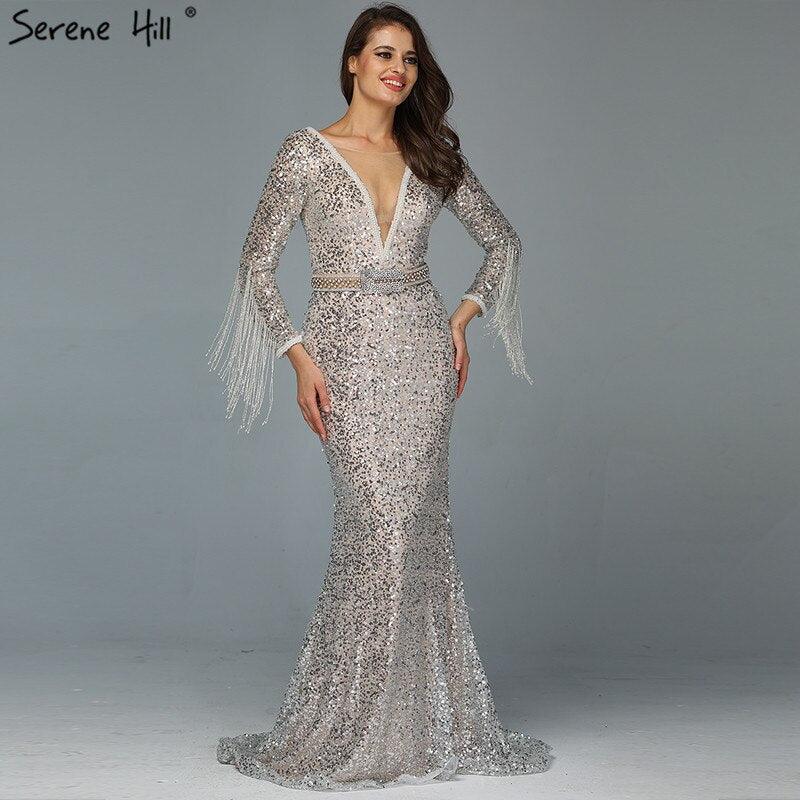 On Sale no return no refundSale Dubai Silver V-Neck Tassel Beading Mermaid Evening Dresses 2024 Long Sleeve  Luxury Sexy Evening Gowns Serene Hill LA60770