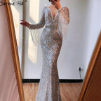On Sale no return no refundSale Dubai Silver V-Neck Tassel Beading Mermaid Evening Dresses 2024 Long Sleeve  Luxury Sexy Evening Gowns Serene Hill LA60770